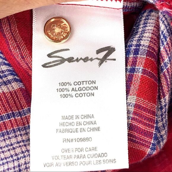 7 For All Mankind Red Flannel Color-block Shirt Size Medium - Picture 7 of 9